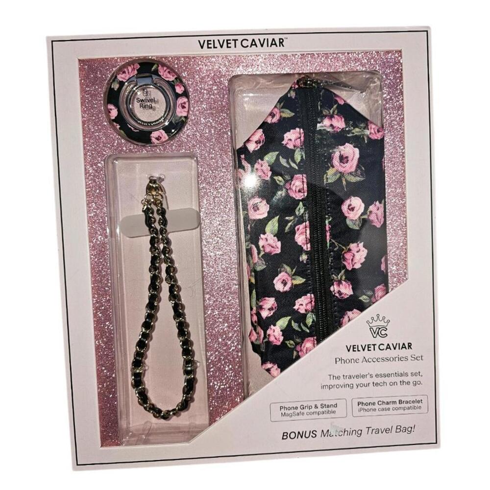Velvet Caviar Phone Accessories Gift Set Black Rose Floral NEW Grip Stand Charm